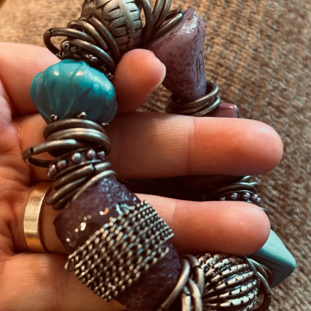 Chunky Silver and Turquoise Boho Stretch Bracelet
